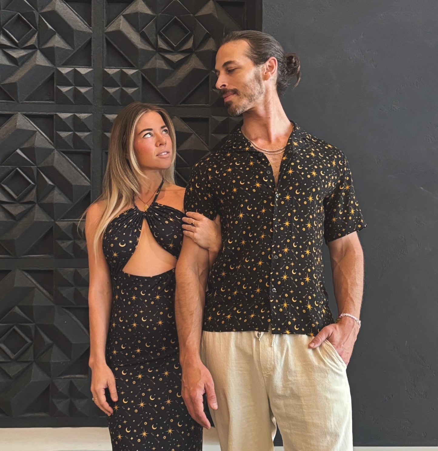 Celestial Cotton Button Down Shirt: Sun, Moon, Stars - Black