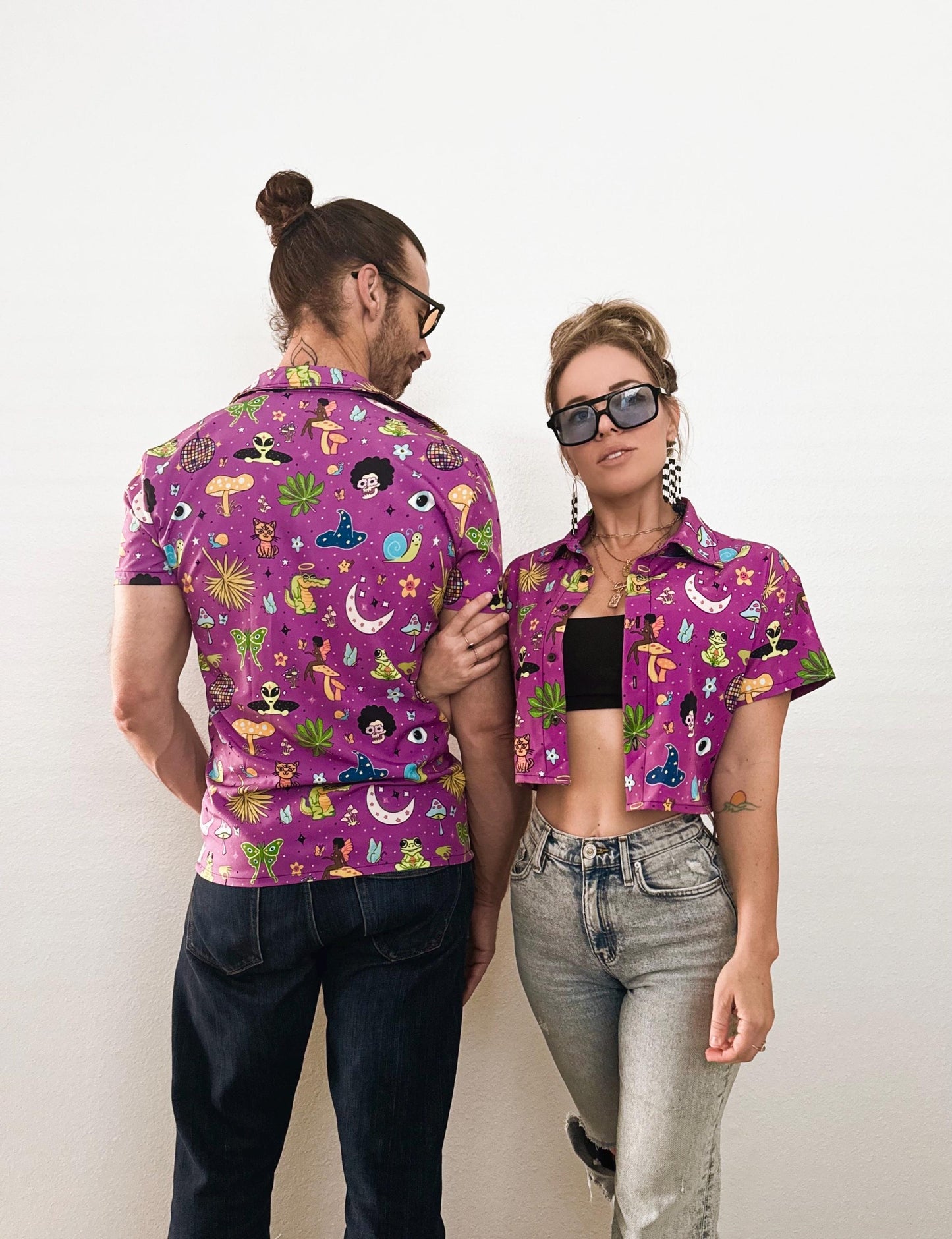 Hulaween Cropped Denim Jacket: Trippy Mushroom Music Fest - Cotton Blend