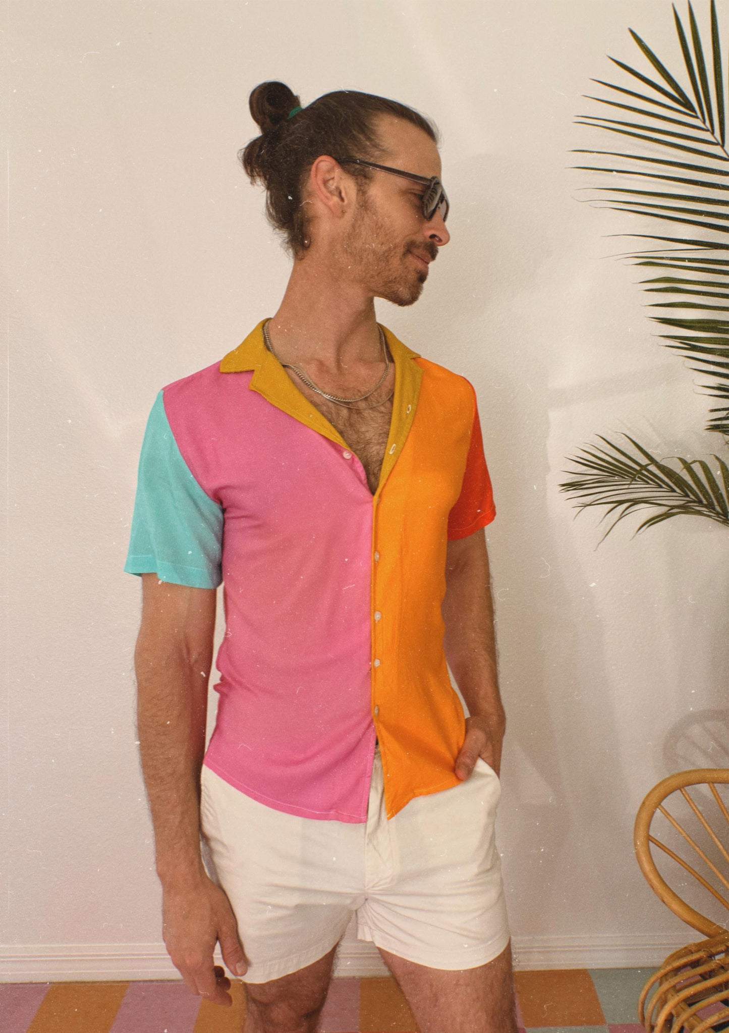 Color Block Cotton Button Down Shirt; Pink Blue Yellow Green Resort wear