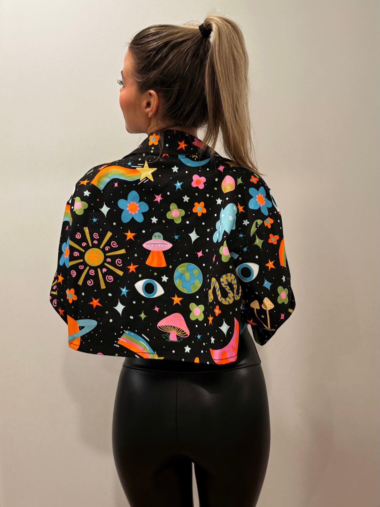 Cosmic space babe Cropped Denim Jacket: Psychedelic Festival Fashion