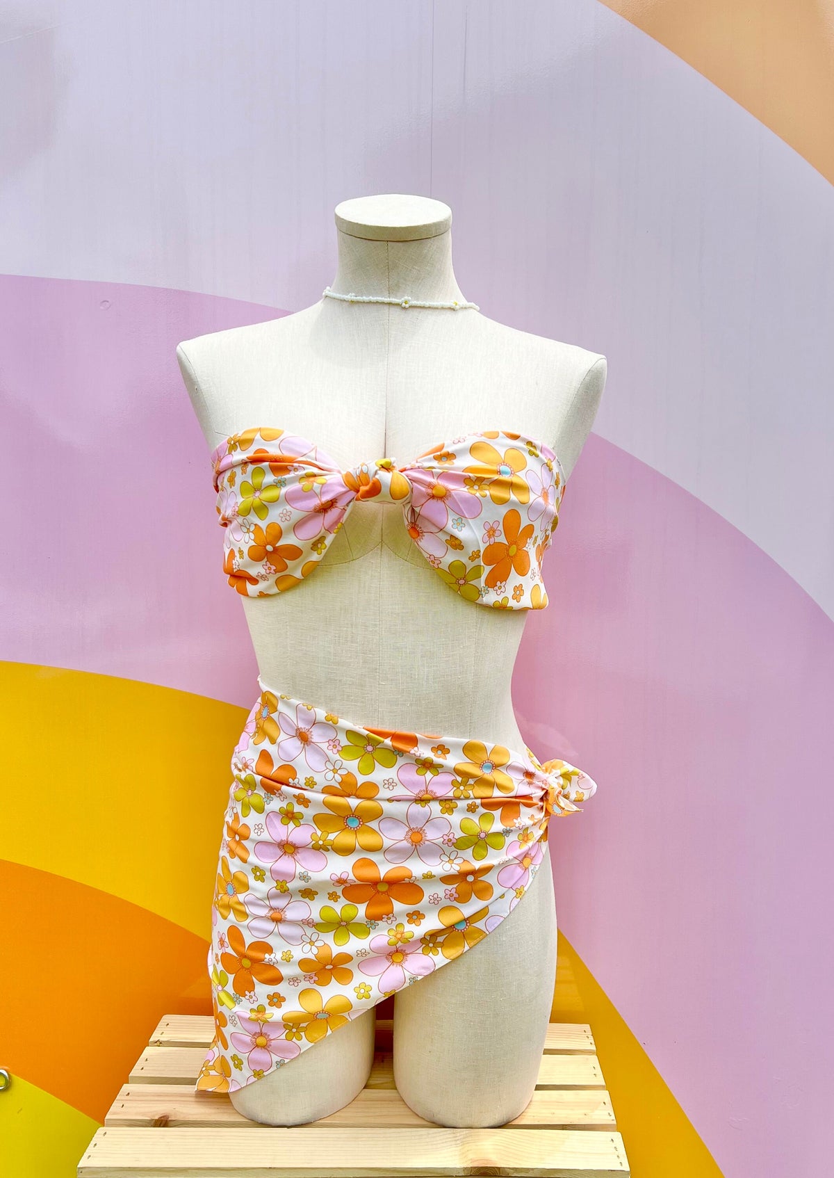 Lolita Floral Head Scarf | Retro Pink Orange Green Flower Scarf
