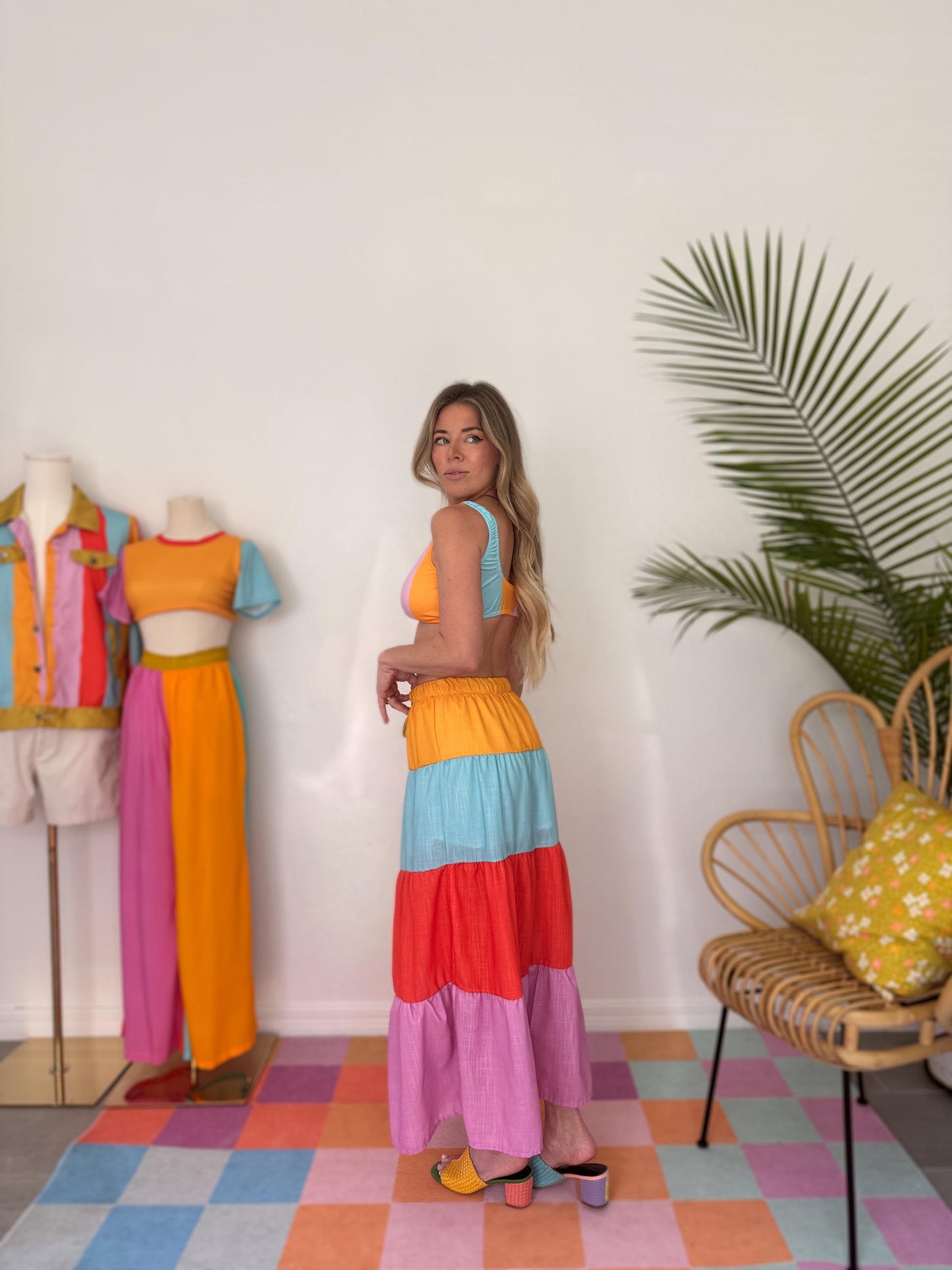 Colorblock Tiered Maxi Skirt with Pockets | Rainbow Skirt | Boho Festival Skirt | Elastic Waist Skirt | Retro Summer Skirt