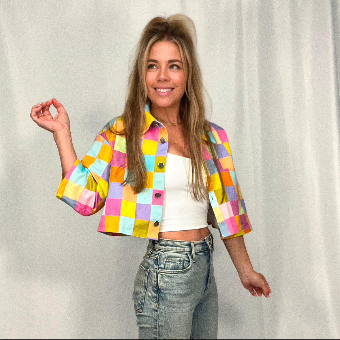 Disco Babe cropped light denim jacket; lightweight cotton jacket with buttons and pocket; Barbie