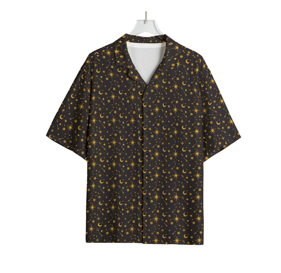 Celestial Cotton Button Down Shirt: Sun, Moon, Stars - Black