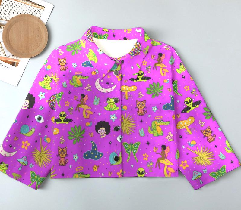 Hulaween Cropped Denim Jacket: Trippy Mushroom Music Fest - Cotton Blend