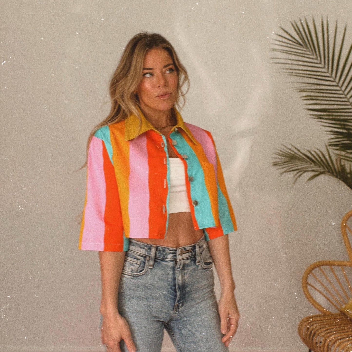 Color Therapy Wavy Striped Cropped Denim Jacket: Lightweight Cotton Street Wear