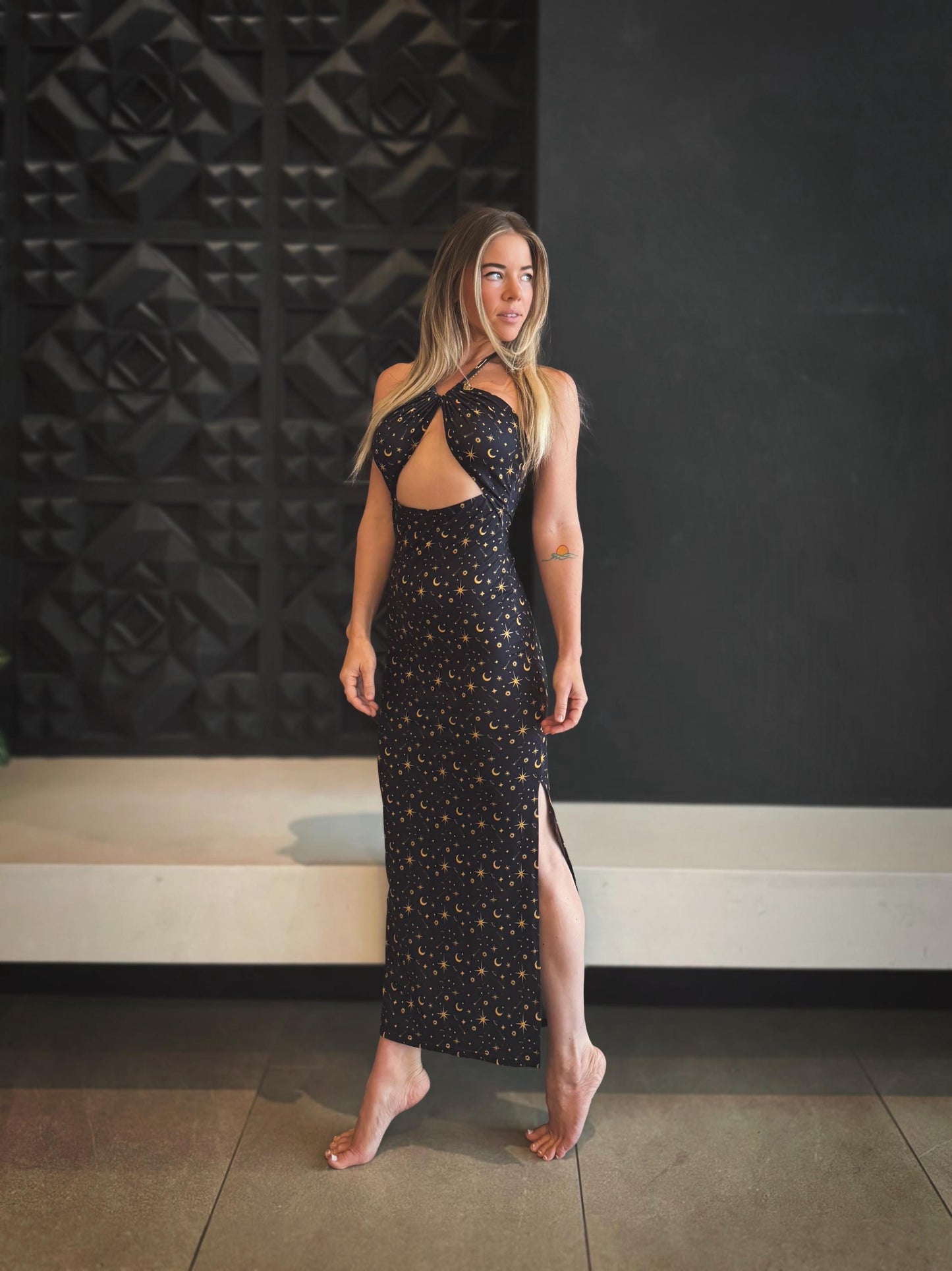Celestial Maxi Dress: Halter Top, Drawstring, Stretchy Festival Wear