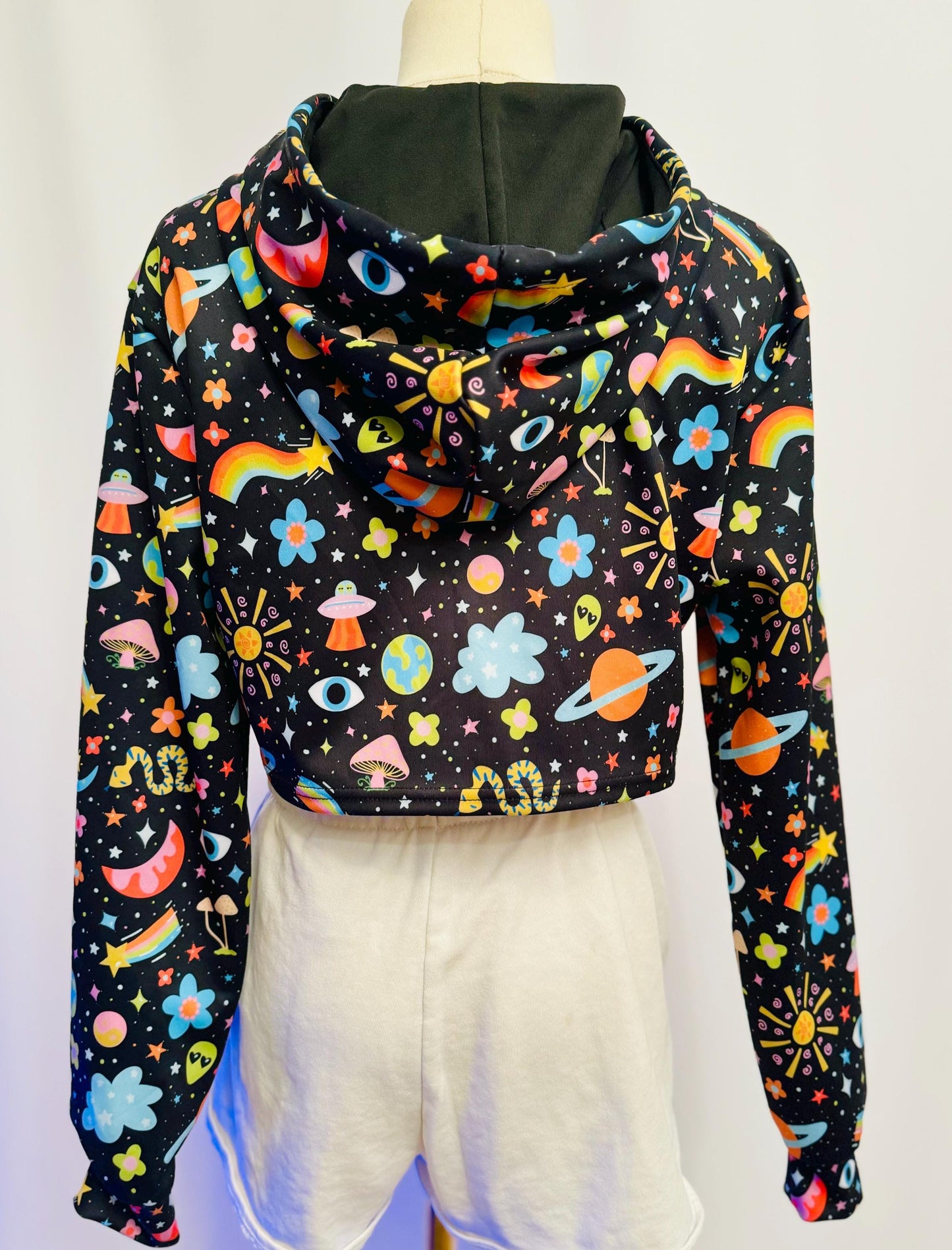 Cosmic Cropped Hoodie: Trippy Alien, Mushroom & Rainbow Print