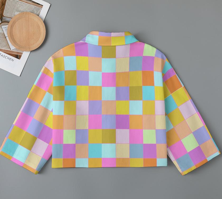 Disco Babe cropped light denim jacket; lightweight cotton jacket with buttons and pocket; Barbie