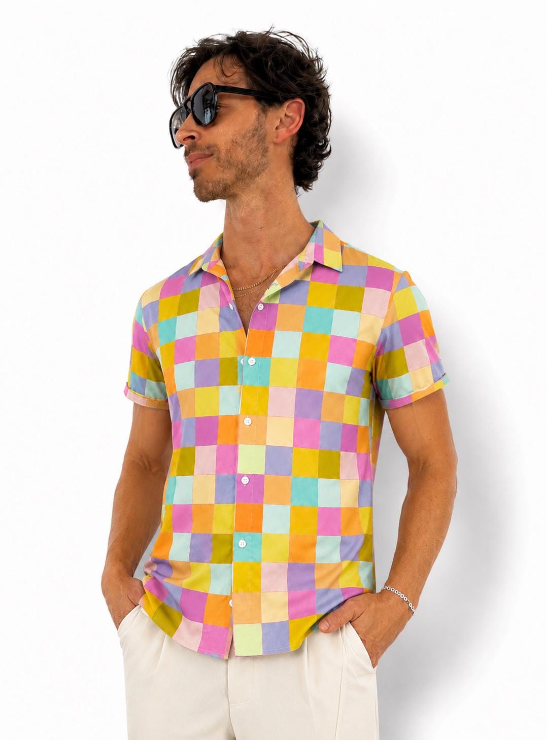 Disco Shirt: Checkered Rainbow Button-Down