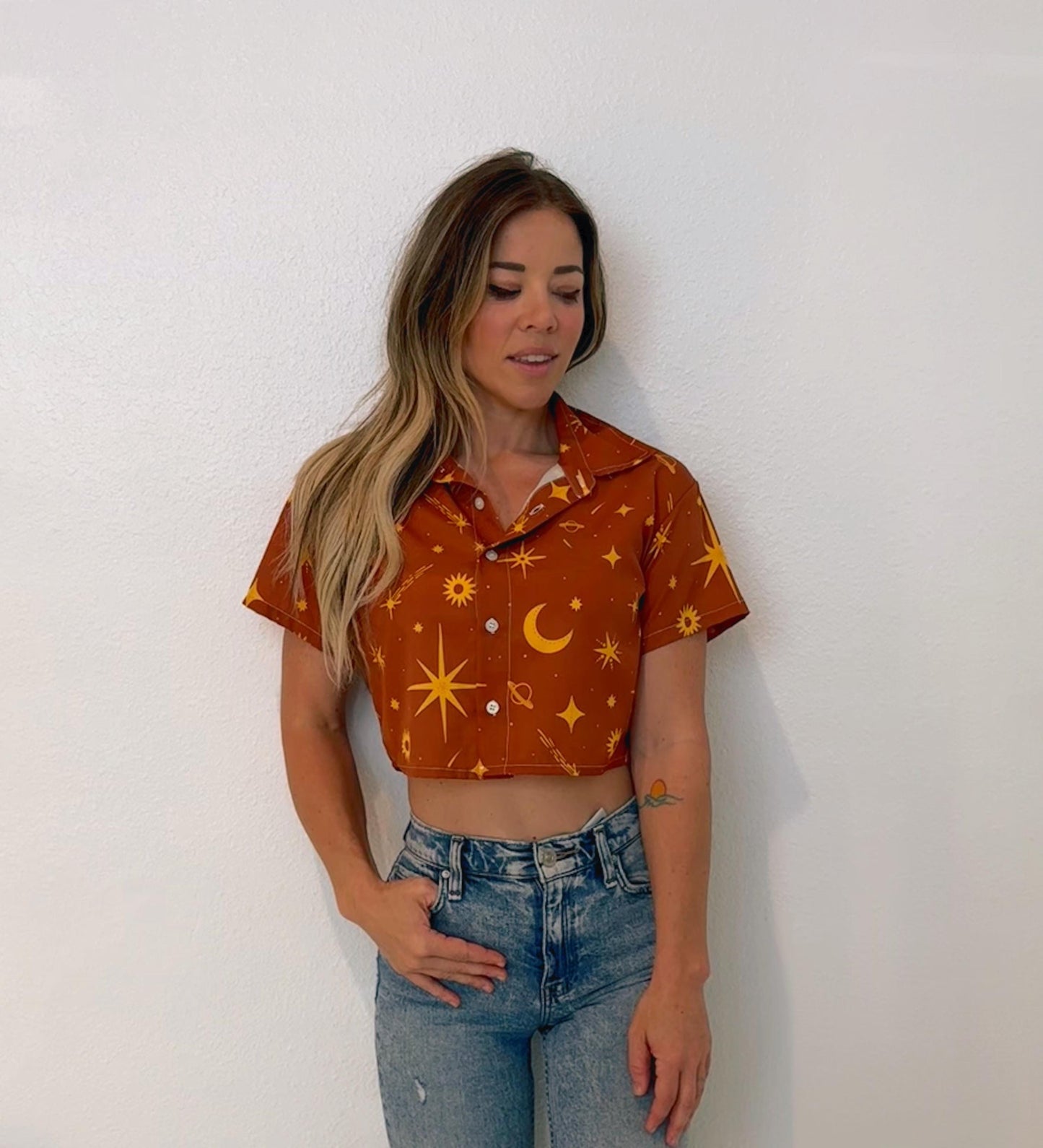 Celestial Crop Top: Golden Sun, Moon & Star Print - Lightweight Button Down