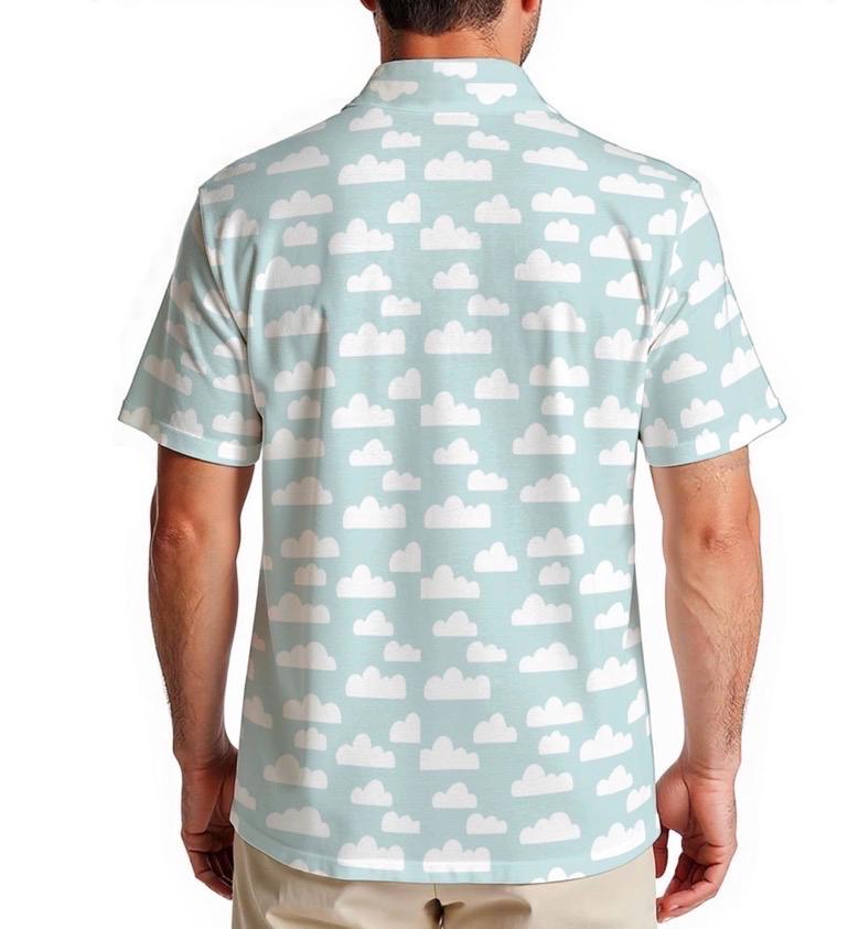 cloud button down shirt and shorts outfit; festival, resort,  casual outfit mens