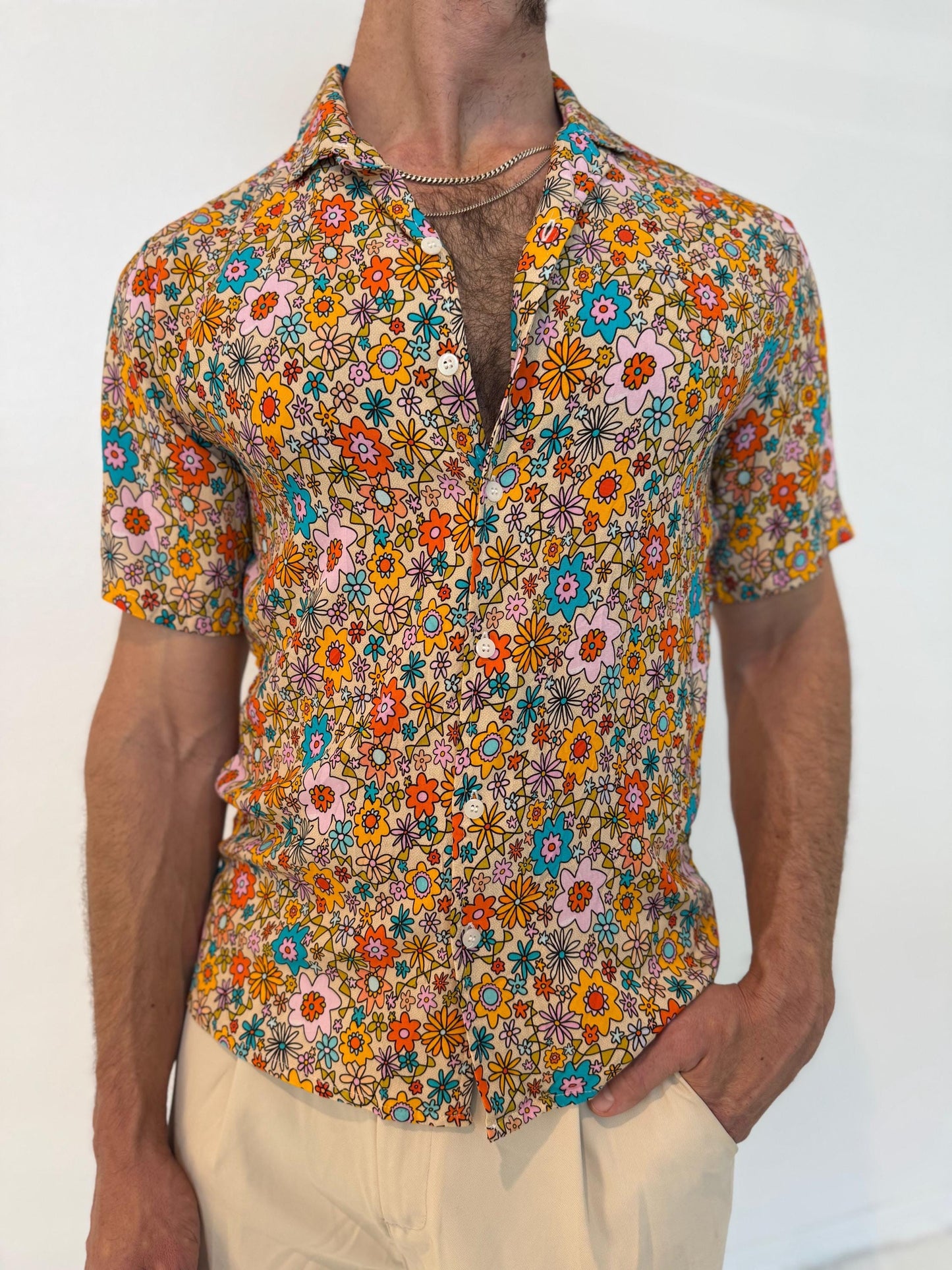 Retro Floral Rayon Button-Down Shirt: Unisex Vacation Wear