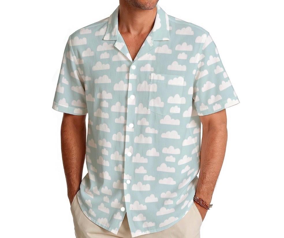 cloud button down shirt and shorts outfit; festival, resort,  casual outfit mens