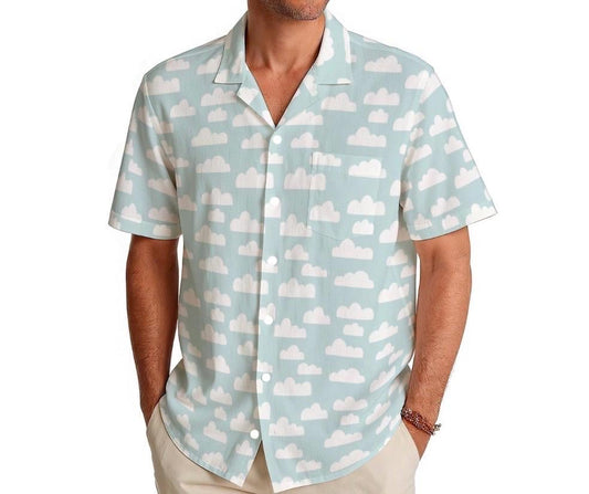 cloud button down shirt and shorts outfit; festival, resort,  casual outfit mens