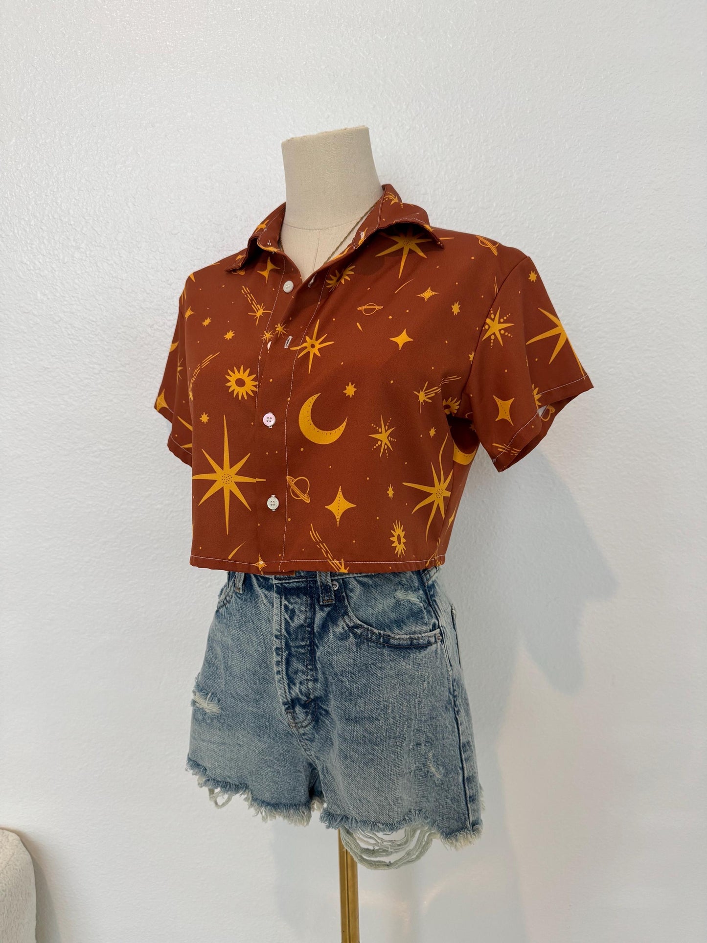 Celestial Crop Top: Golden Sun, Moon & Star Print - Lightweight Button Down