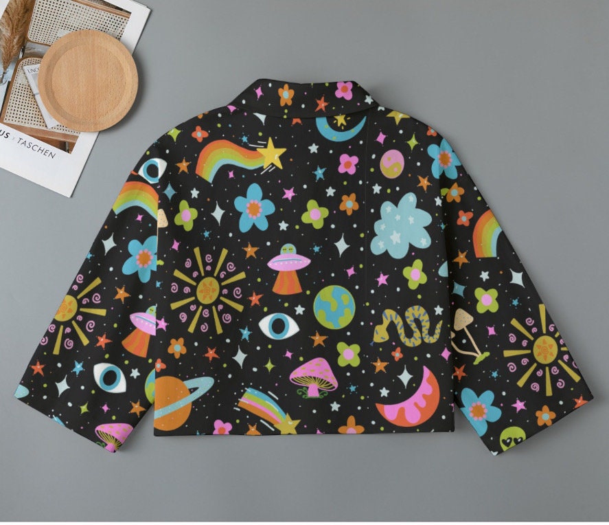 Cosmic space babe Cropped Denim Jacket: Psychedelic Festival Fashion