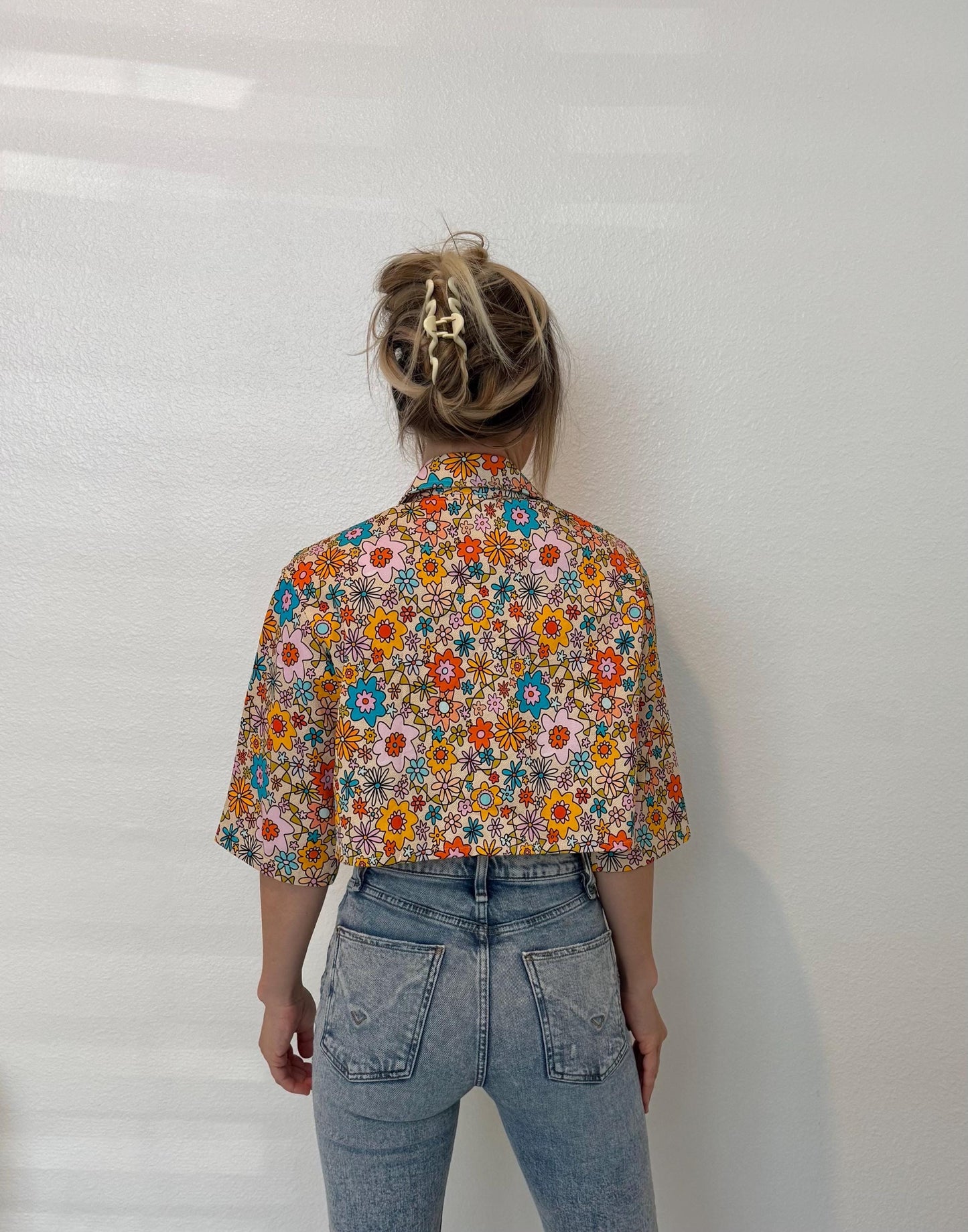 Cropped Floral Denim Jacket: 70s Retro Cotton Festival Wear
