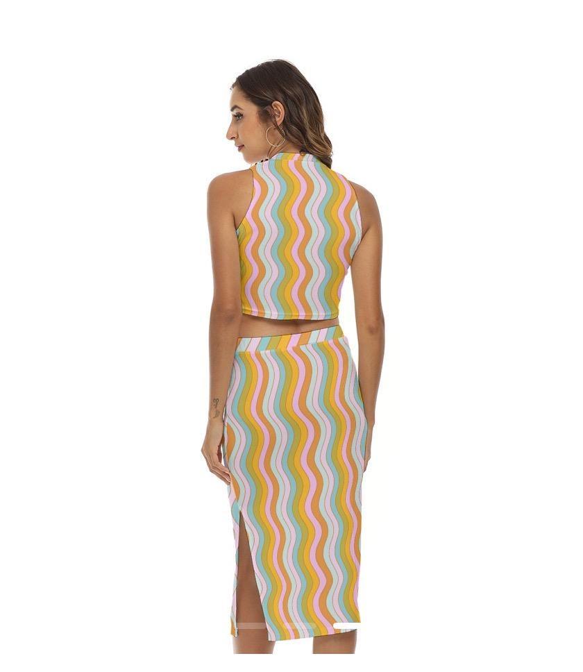 Retro Wavy Two-Piece Set: High-Neck Crop Top & Midi Skirt