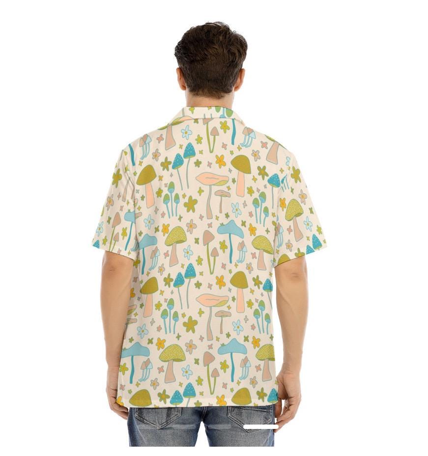 Retro mushroom daisy button down; unisex casual; festival wear; green blue flowers resort wear
