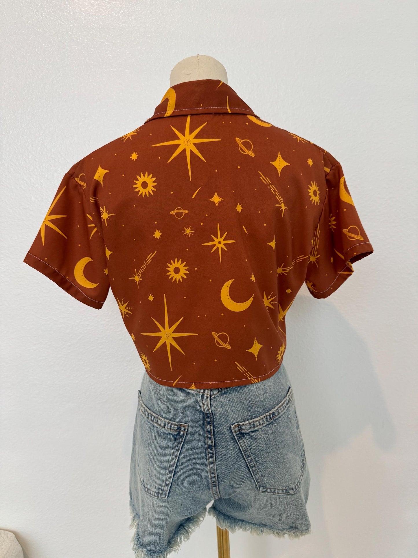 Celestial Crop Top: Golden Sun, Moon & Star Print - Lightweight Button Down