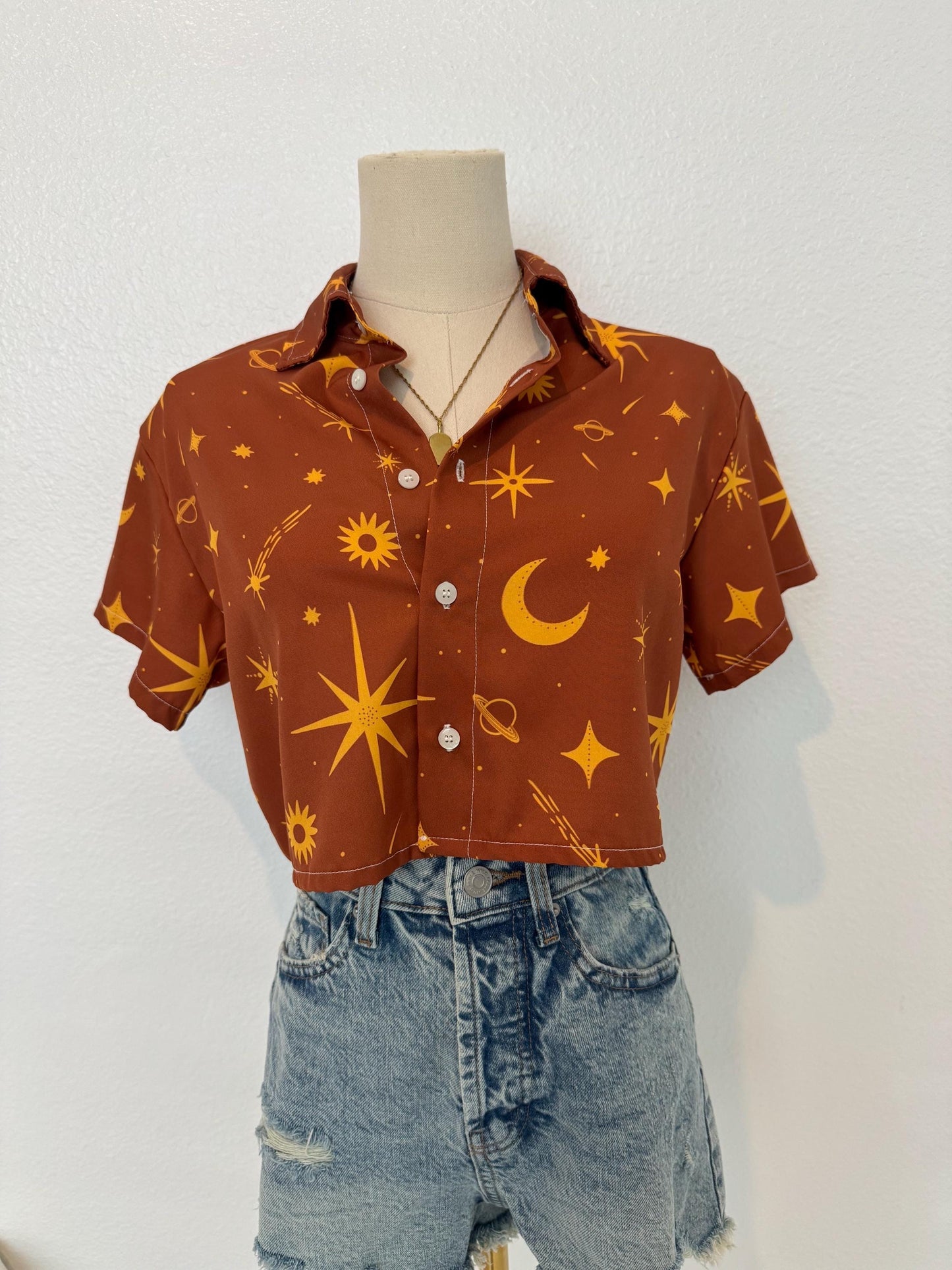 Celestial Crop Top: Golden Sun, Moon & Star Print - Lightweight Button Down