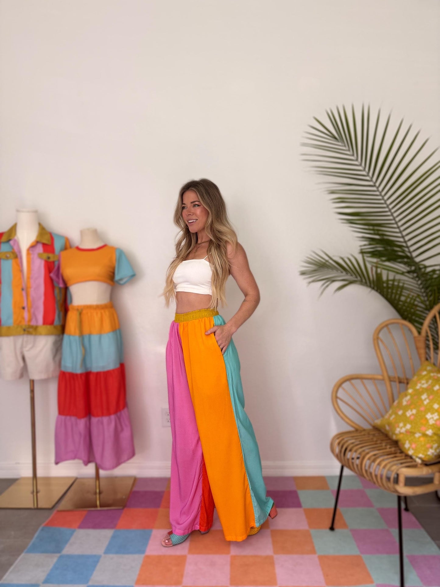 Colorblock Wide Leg Pants | Pink Orange Teal Palazzo Pants | Festival Pants | Comfy Elastic Waist Pants with Pockets | Retro Lounge Pants