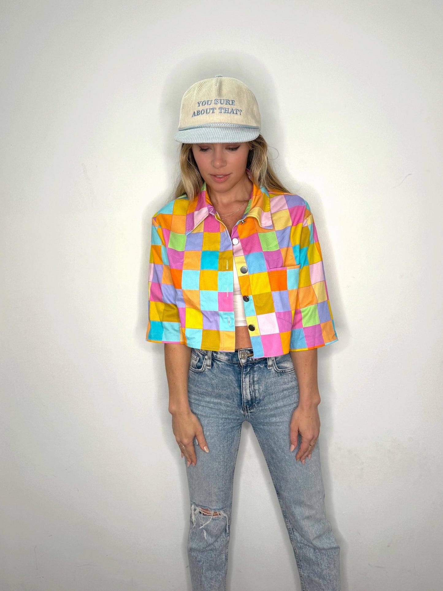 Disco Babe cropped light denim jacket; lightweight cotton jacket with buttons and pocket; Barbie