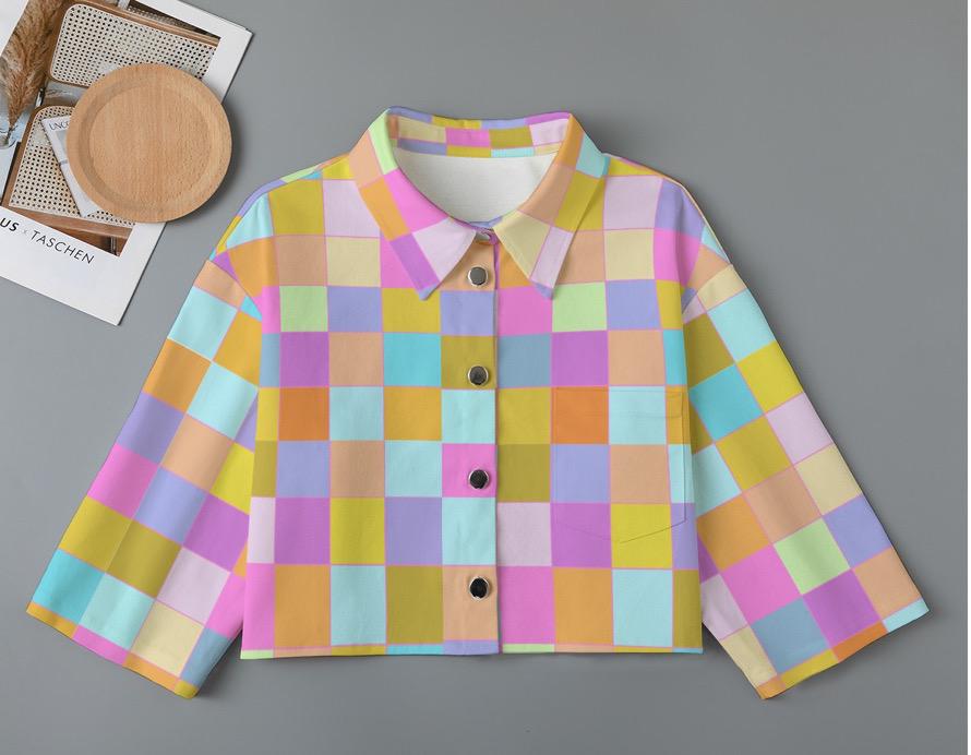 Disco Babe cropped light denim jacket; lightweight cotton jacket with buttons and pocket; Barbie