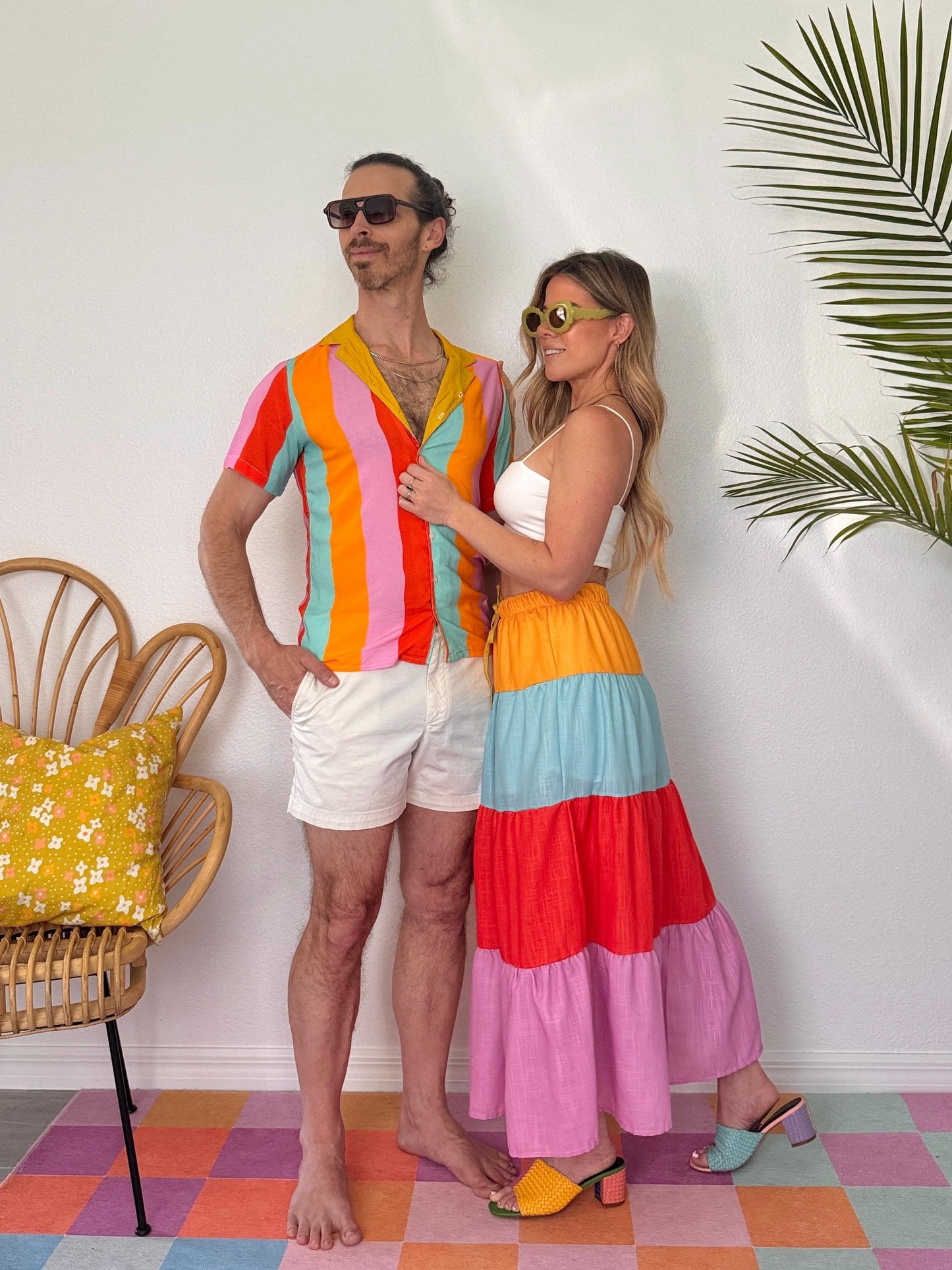 Color Therapy Wavy Stripes Cotton Button Down Shirt; Pink Blue Yellow Green Resort wear