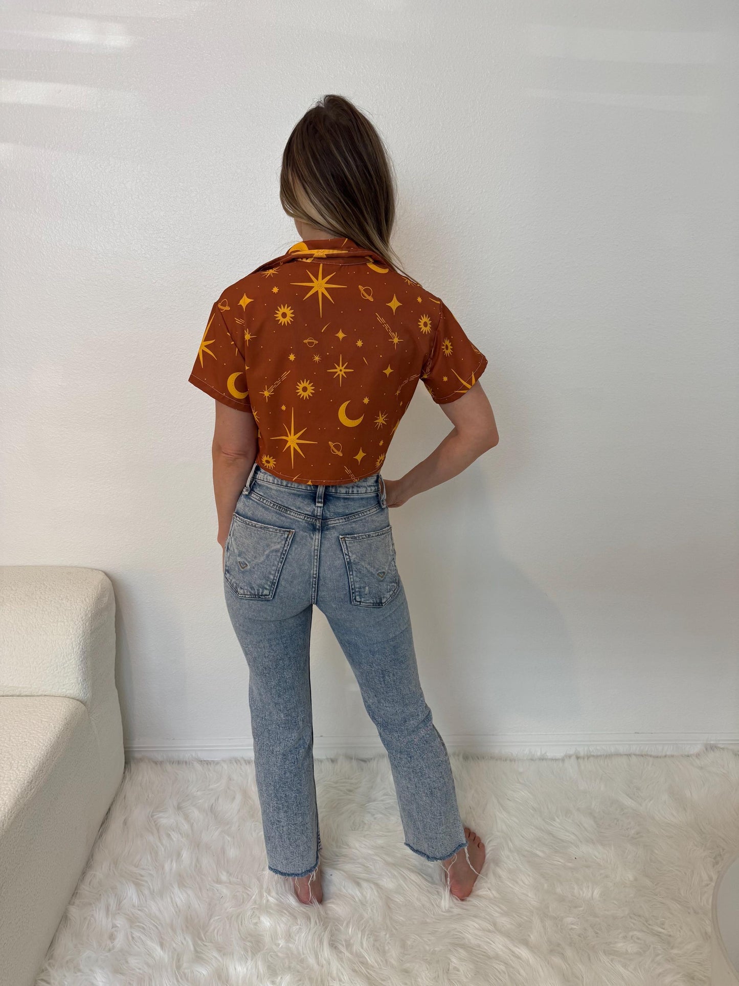 Celestial Crop Top: Golden Sun, Moon & Star Print - Lightweight Button Down