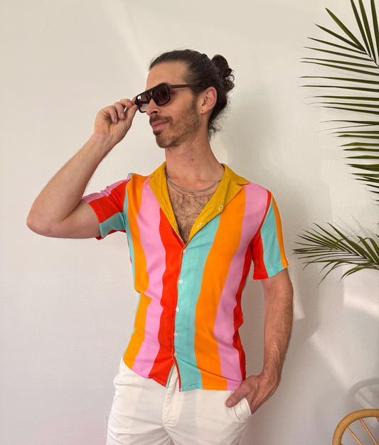 Color Therapy Wavy Stripes Cotton Button Down Shirt; Pink Blue Yellow Green Resort wear