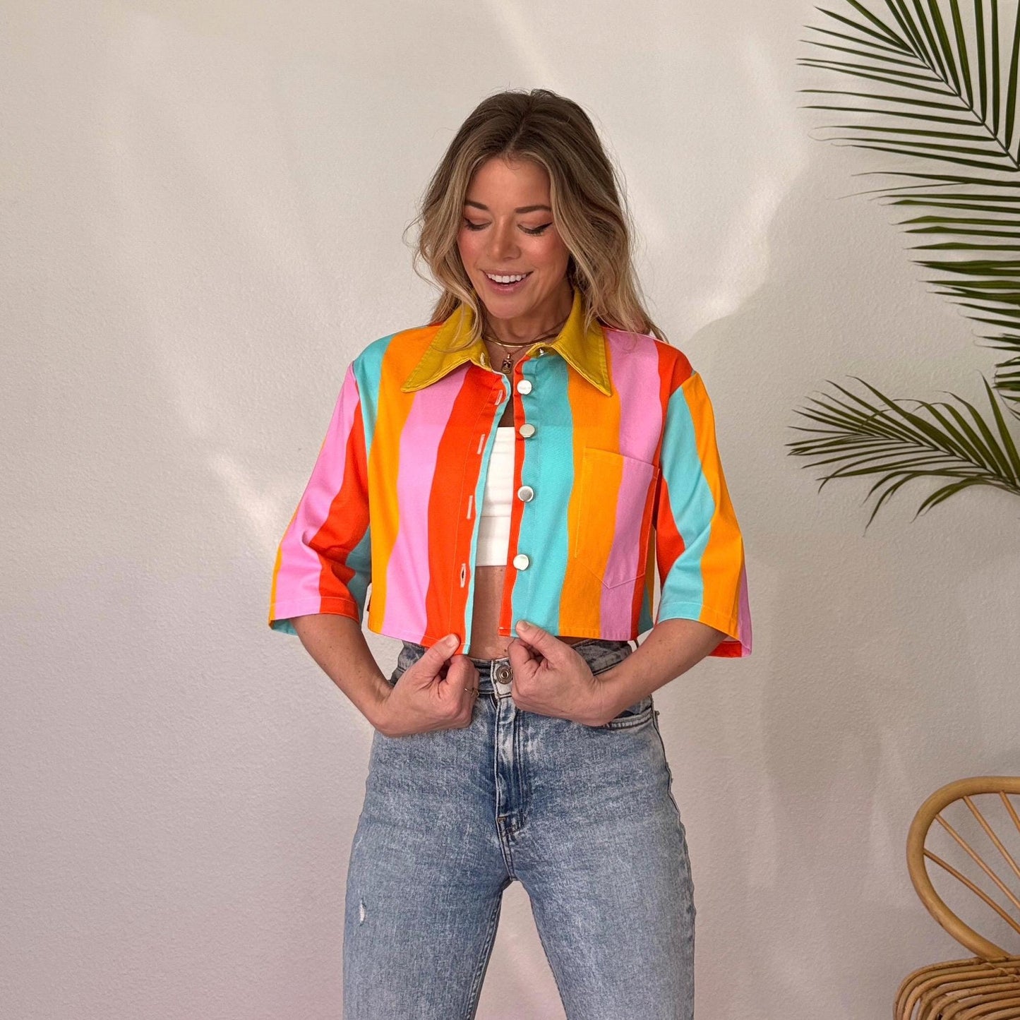 Color Therapy Wavy Striped Cropped Denim Jacket: Lightweight Cotton Street Wear