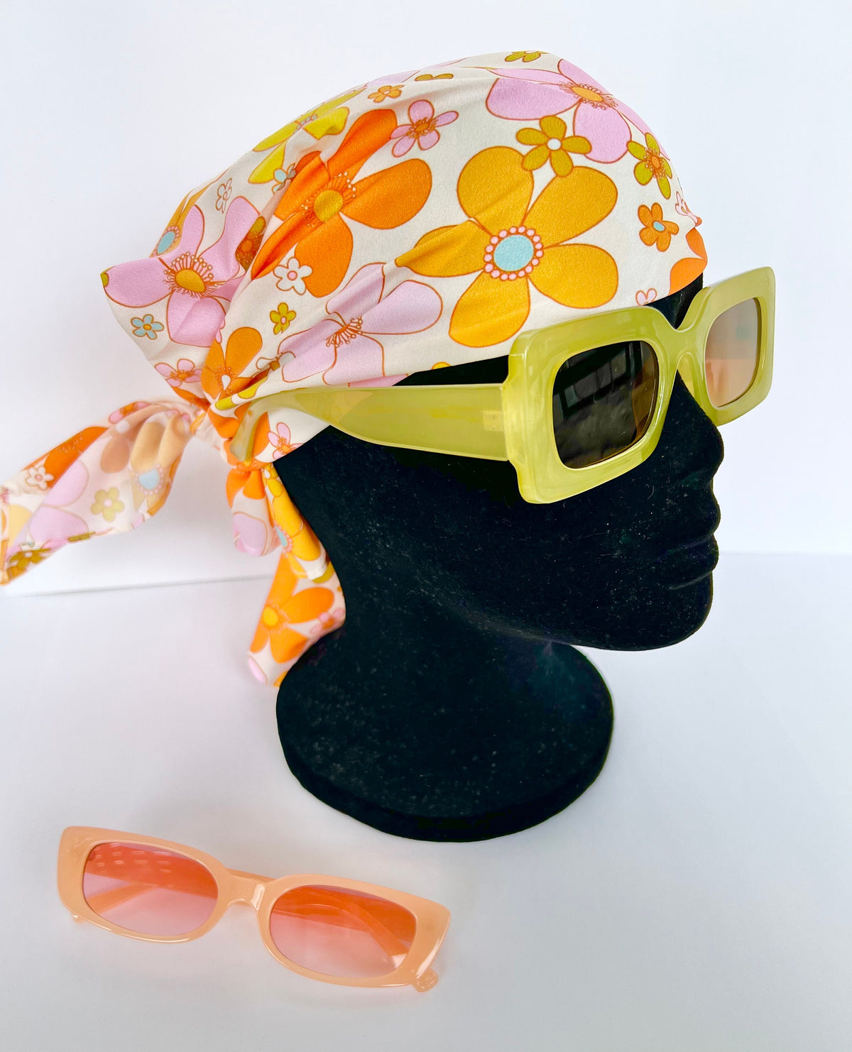 Lolita Floral Head Scarf | Retro Pink Orange Green Flower Scarf