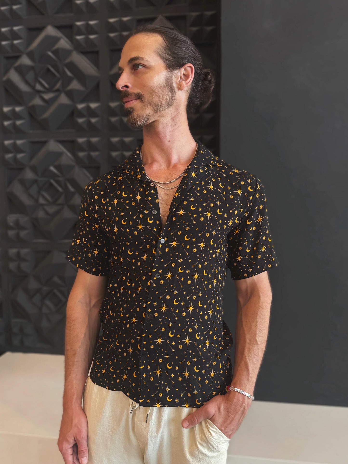 Celestial Cotton Button Down Shirt: Sun, Moon, Stars - Black
