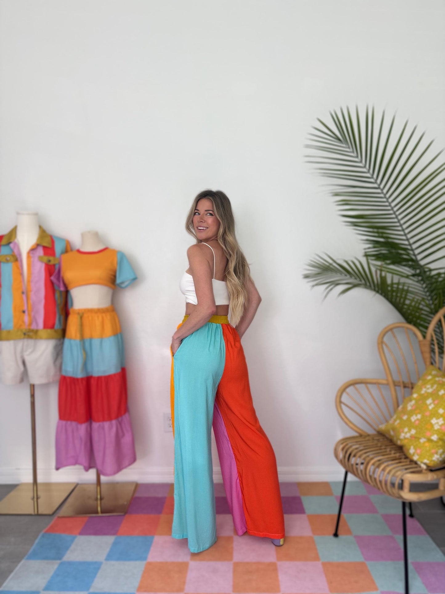 Colorblock Wide Leg Pants | Pink Orange Teal Palazzo Pants | Festival Pants | Comfy Elastic Waist Pants with Pockets | Retro Lounge Pants