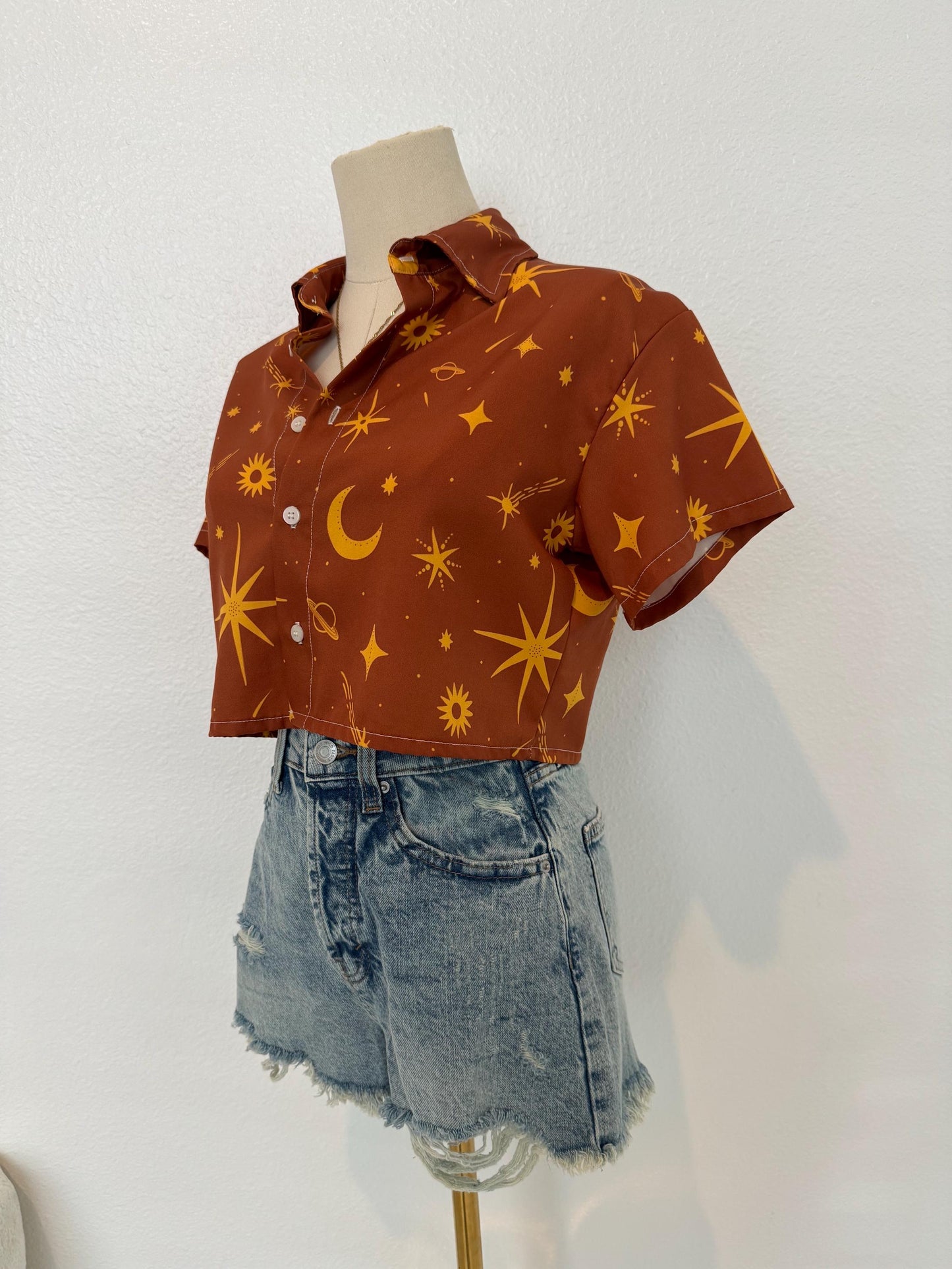 Celestial Crop Top: Golden Sun, Moon & Star Print - Lightweight Button Down