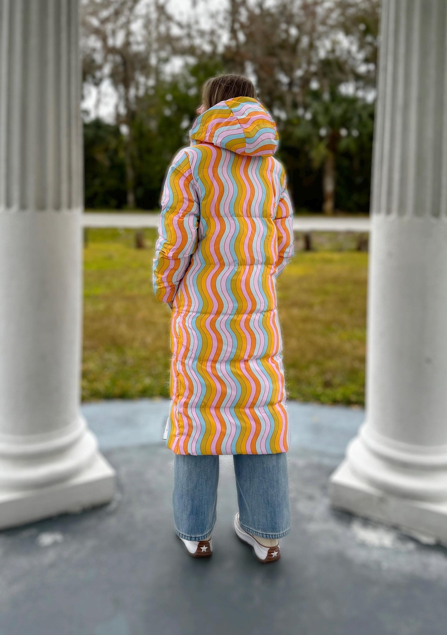 Wavy Rainbow Puffer Coat: Long Trippy Festival Winter Jacket