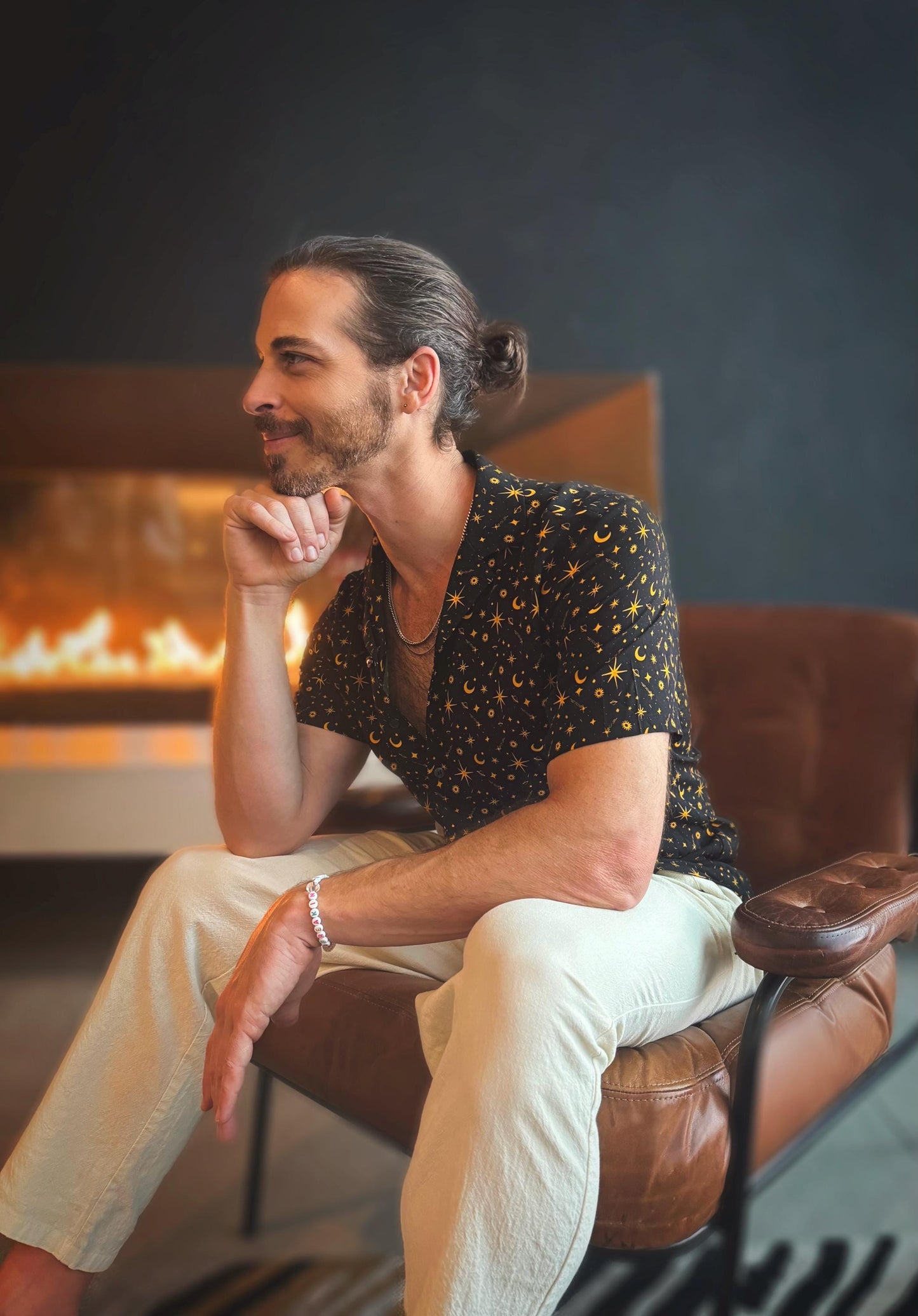 Celestial Cotton Button Down Shirt: Sun, Moon, Stars - Black