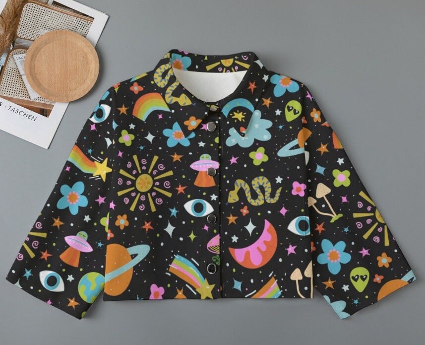 Cosmic space babe Cropped Denim Jacket: Psychedelic Festival Fashion