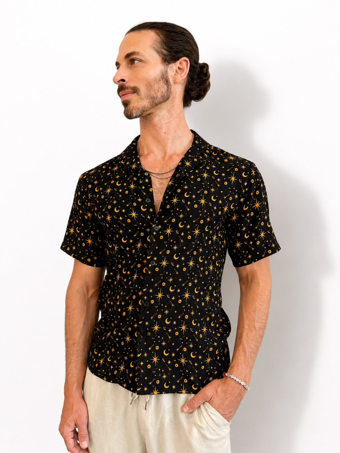 Celestial Cotton Button Down Shirt: Sun, Moon, Stars - Black