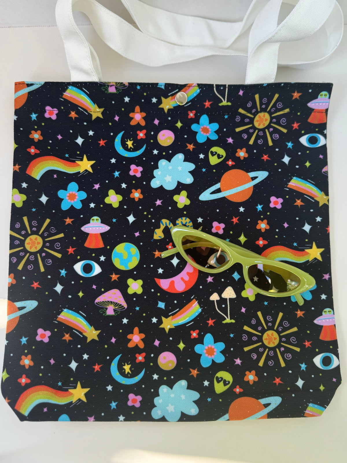 Cosmic Canvas Tote Bag: Retro Psychedelic Space Design