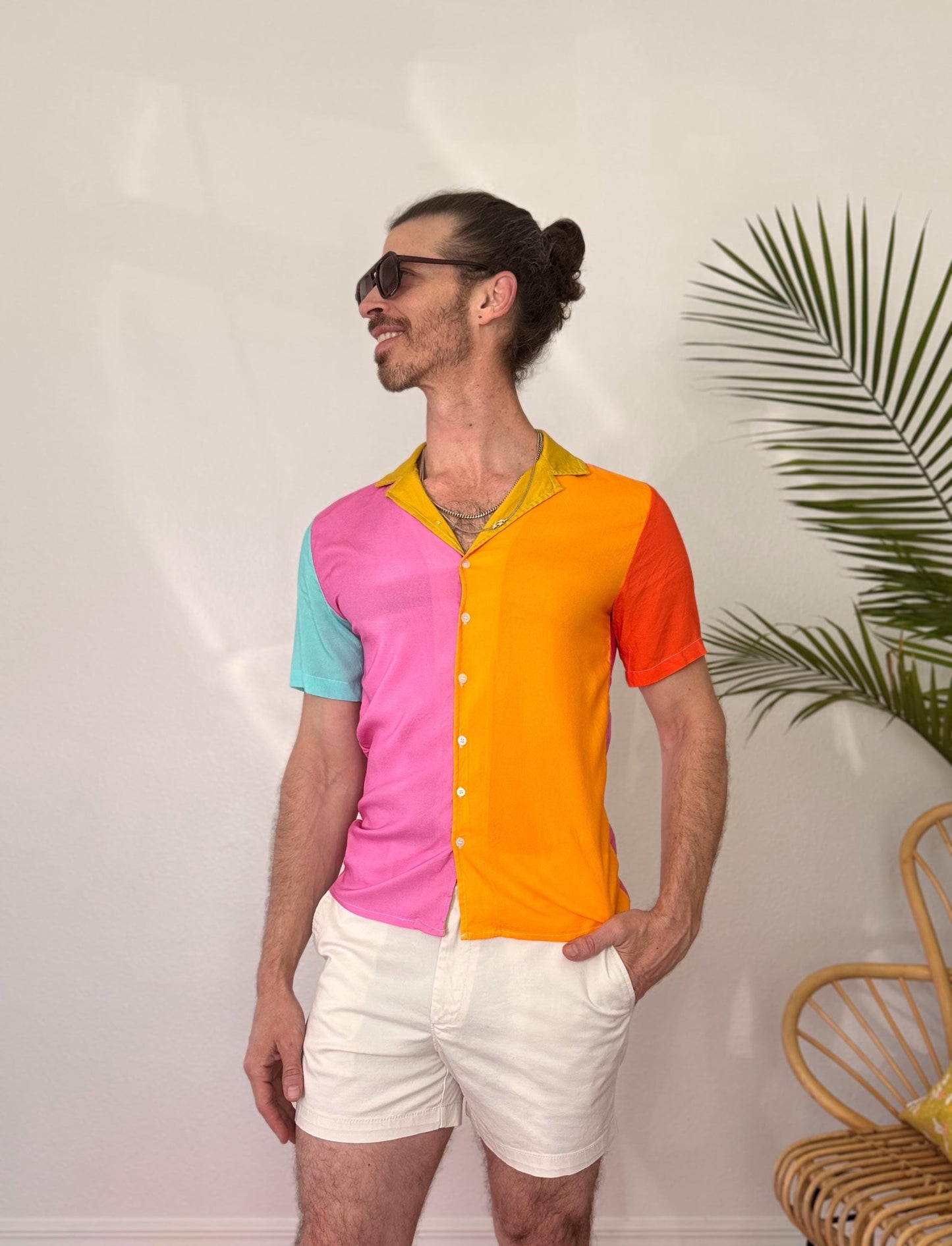 Color Block Cotton Button Down Shirt; Pink Blue Yellow Green Resort wear