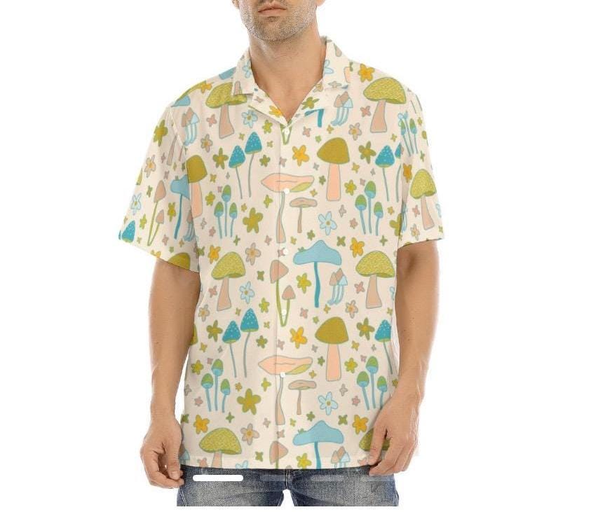 Retro mushroom daisy button down; unisex casual; festival wear; green blue flowers resort wear