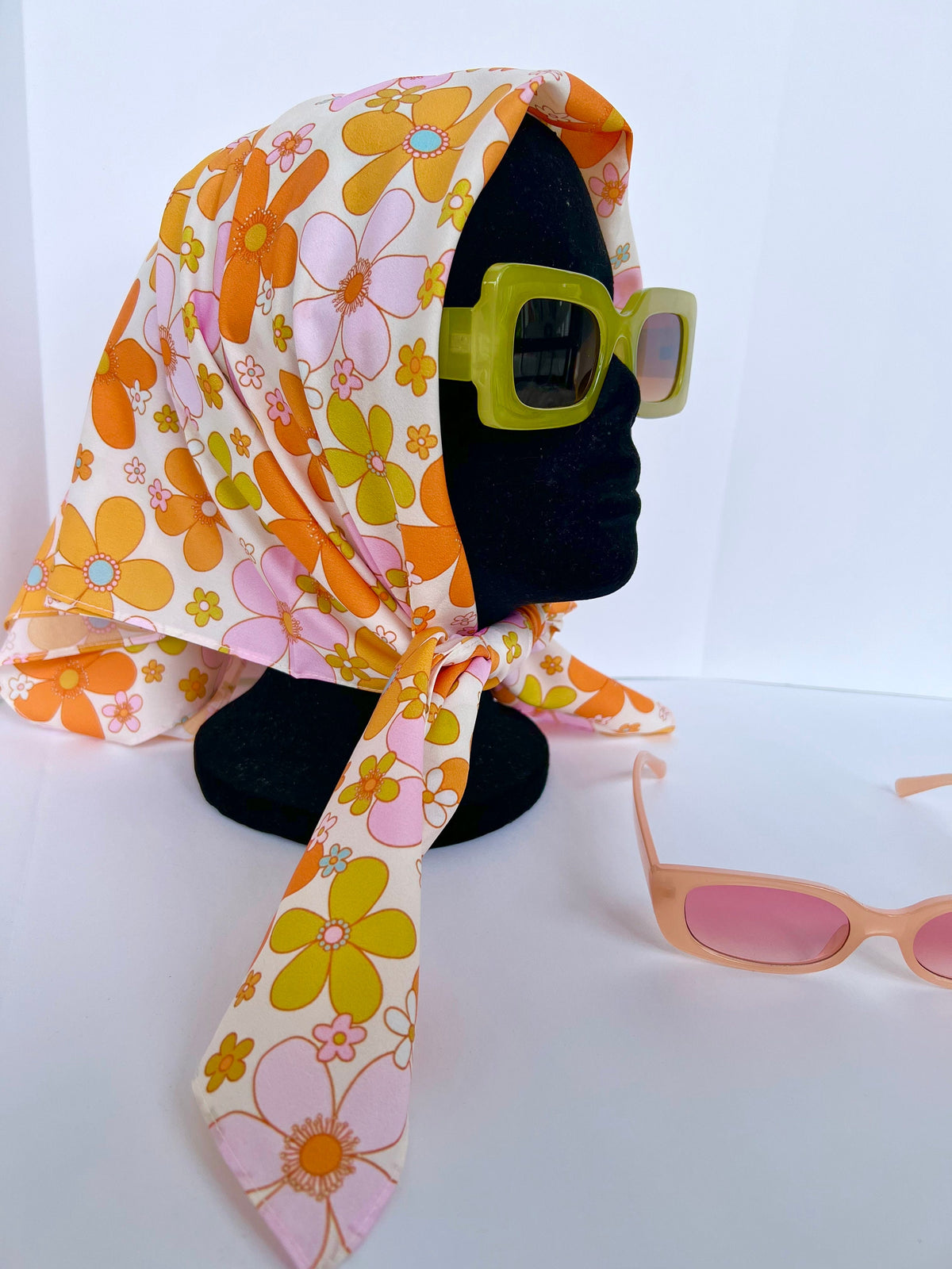 Lolita Floral Head Scarf | Retro Pink Orange Green Flower Scarf