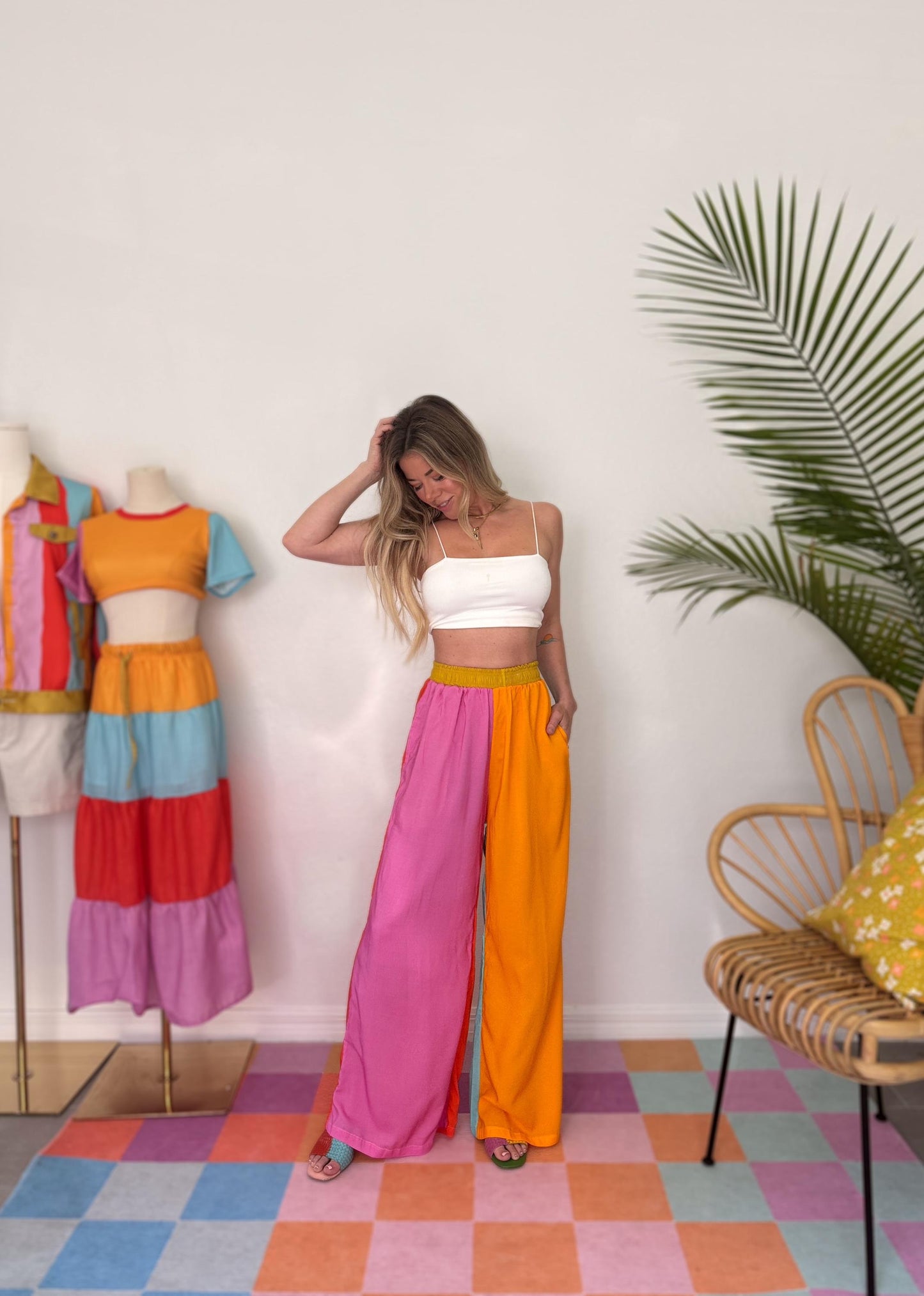 Colorblock Wide Leg Pants | Pink Orange Teal Palazzo Pants | Festival Pants | Comfy Elastic Waist Pants with Pockets | Retro Lounge Pants