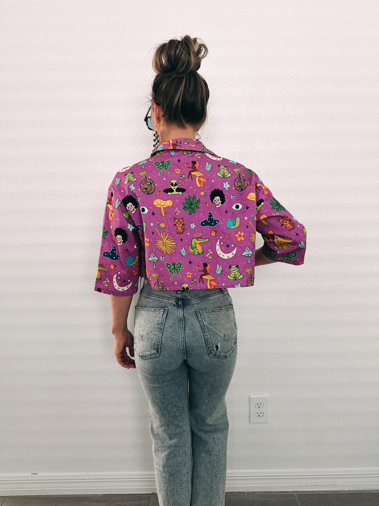 Hulaween Cropped Denim Jacket: Trippy Mushroom Music Fest - Cotton Blend