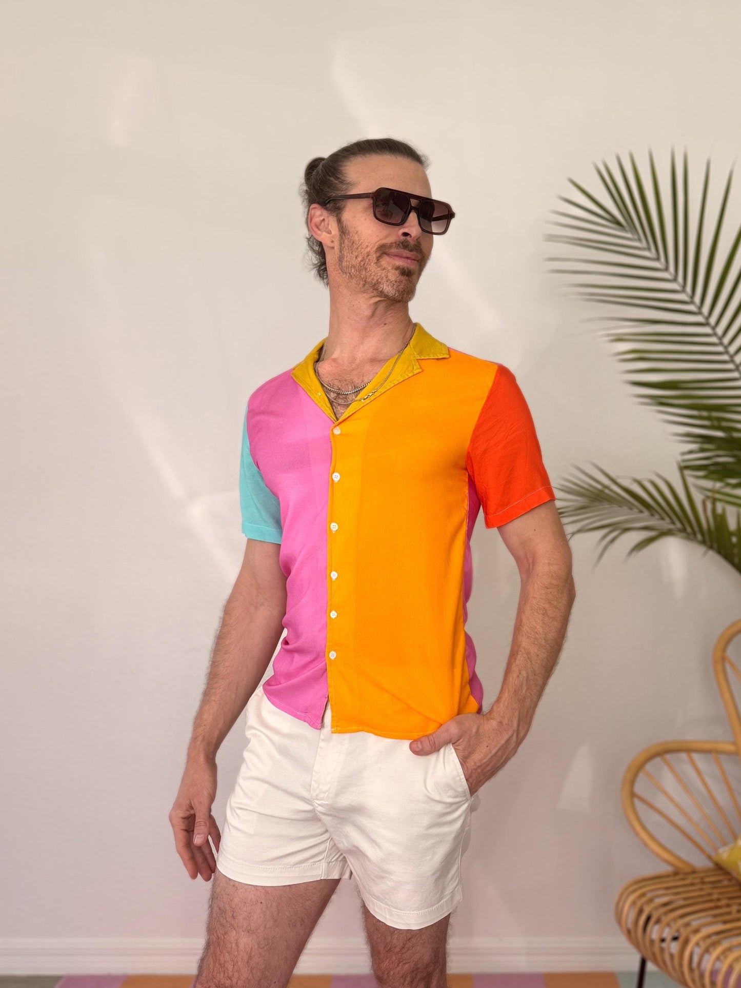 Color Block Cotton Button Down Shirt; Pink Blue Yellow Green Resort wear