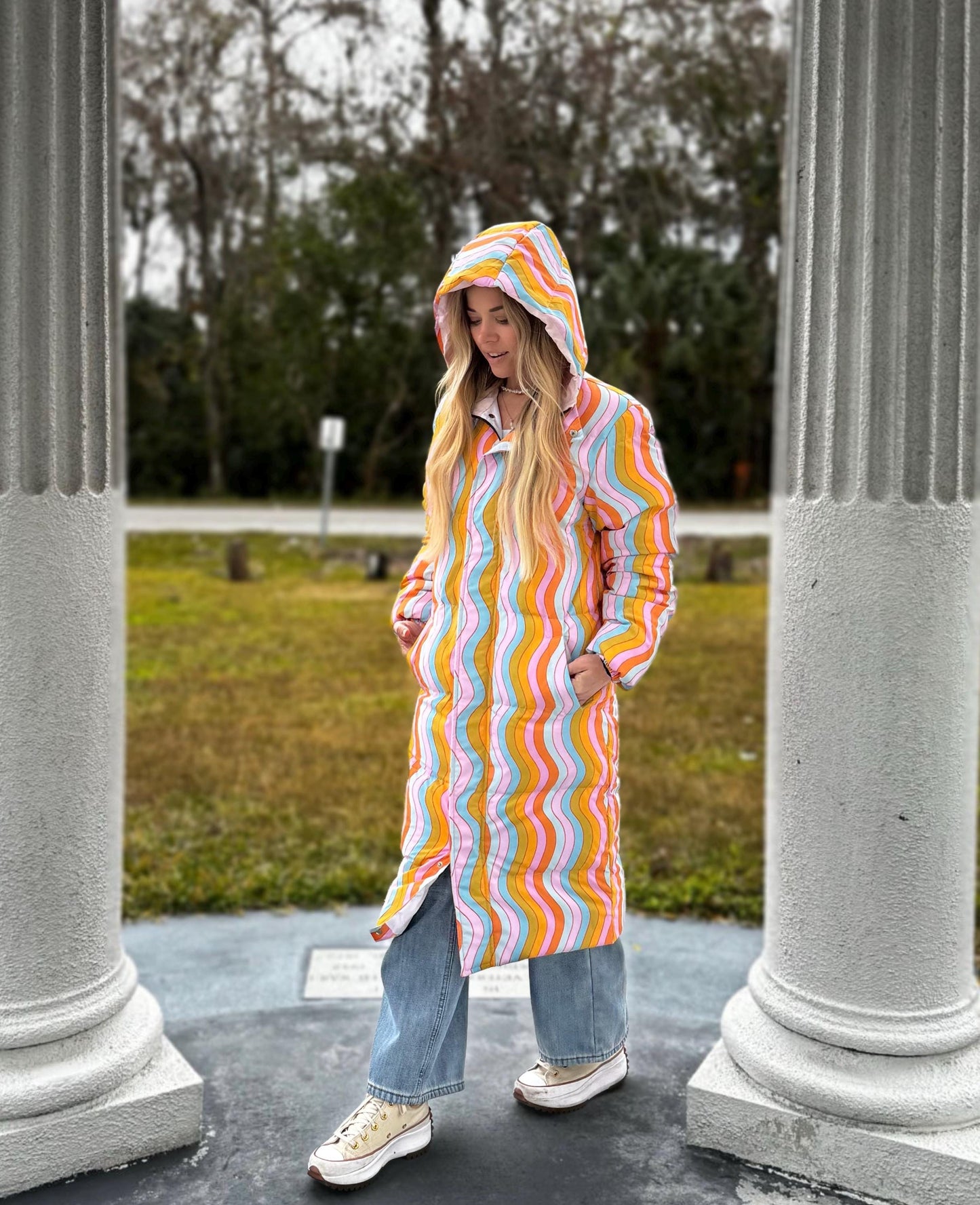 Wavy Rainbow Puffer Coat: Long Trippy Festival Winter Jacket