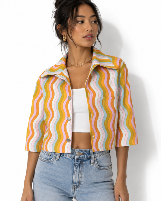 wavy rainbow denim jacket